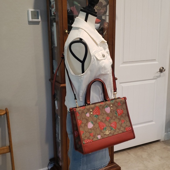 Coach Brown Signature Satchel with Red & Pink Strawberry Print Size Medium - Picture 14 of 16